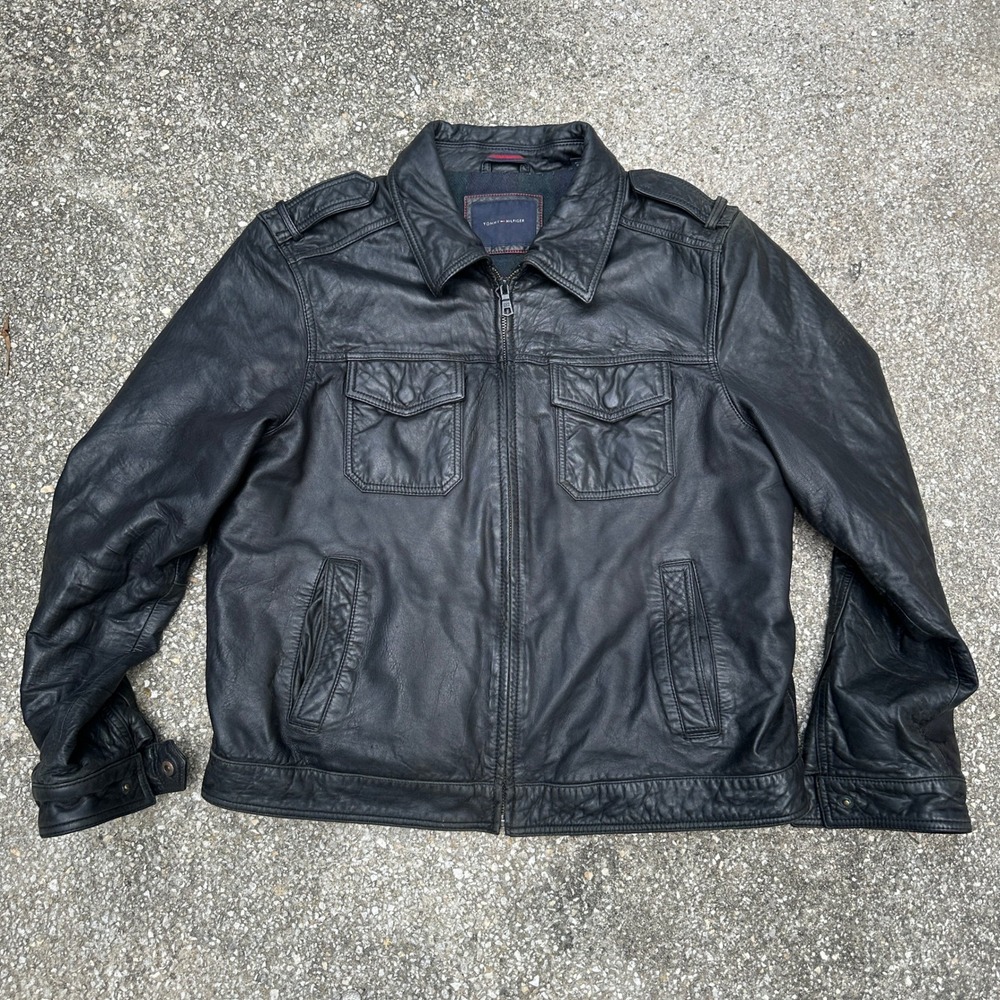 Vtg Tommy Hilfiger Mens Black Genuine Leather Jacket Plaid Lined XL
